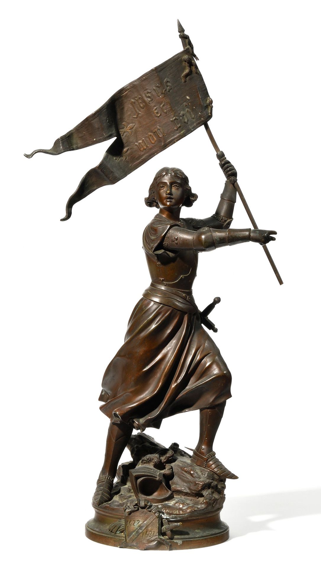 Null "Jeanne d'Arc mit ihrer Standarte" Bronzesujet. Höhe: 63 cm. Ende des 19. J&hellip;