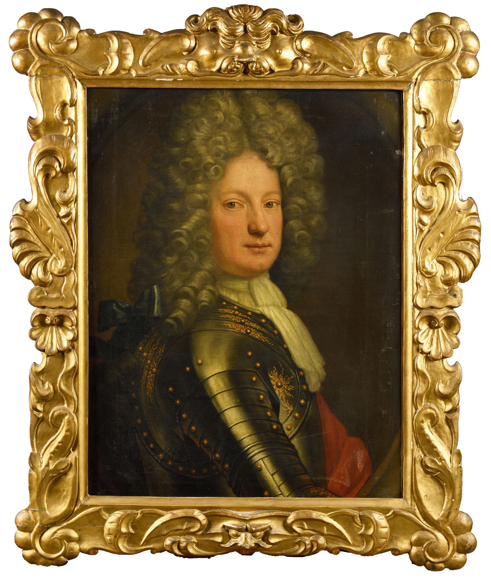 Null 
十八世纪的法国学校，RIGAUD的随行人员 一幅用黄金强化的铠甲男子的肖像。布面油画（重新涂抹）。旧的销售标签将作品交给了里戈德。签署了JS。170&hellip;