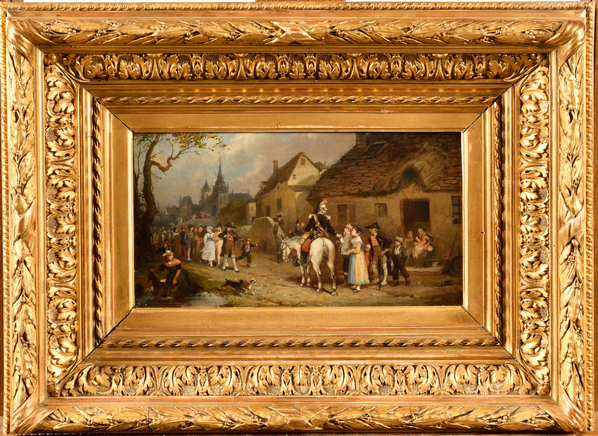 Null François-Louis LANFANT de METZ (1814-1892) 胜利的龙号手的回归 布面油画，右下角签名 镀金灰泥框架 14.5&hellip;