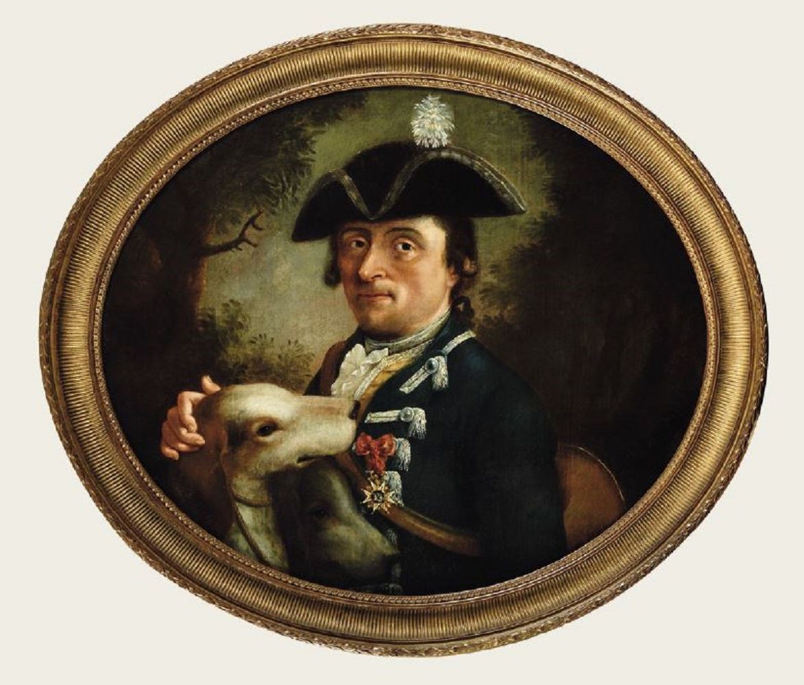 Null 18世纪的法国学校。 "Venerie官员，圣路易骑士团，和他的狗，大约1750年" 布面油画（修复） 67 x 80厘米 后面的镀金木框