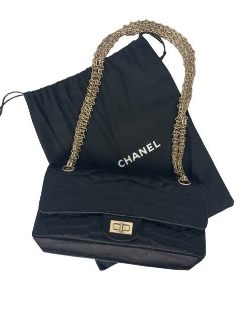 Null CHANEL Bag 2.55 in black satin with crocodile effect, chain handle in gold &hellip;