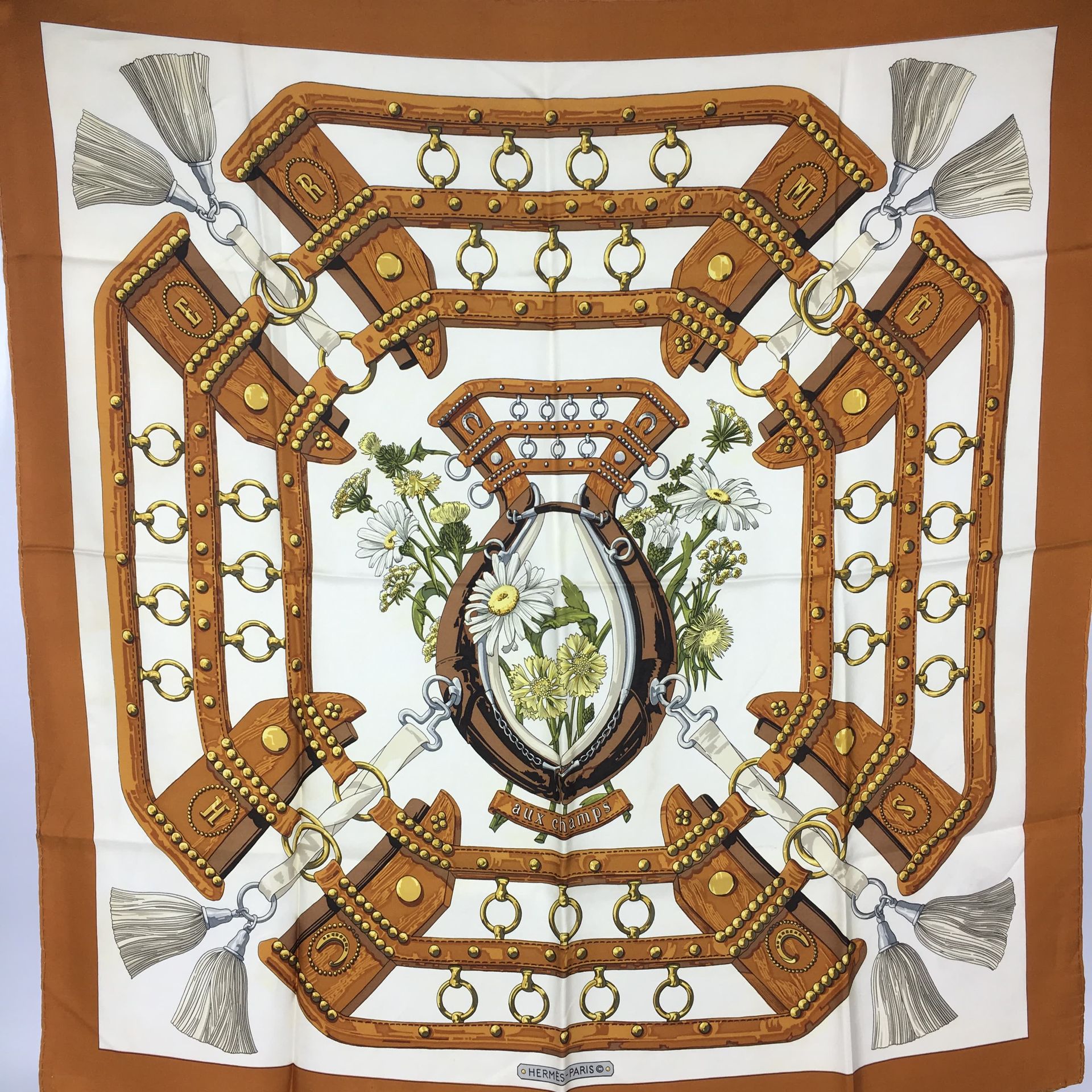 Null HERMES Silk scarf titled Aux Champs In its box (stains)