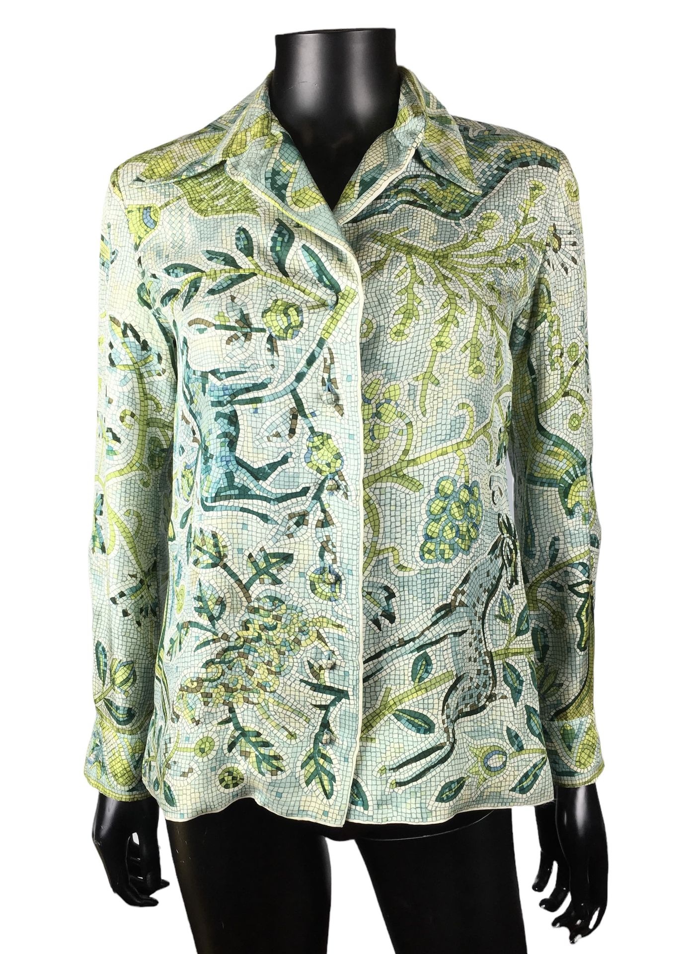 Null HERMES PARIS Silk shirt with stylized plant and animal motifs in light blue&hellip;