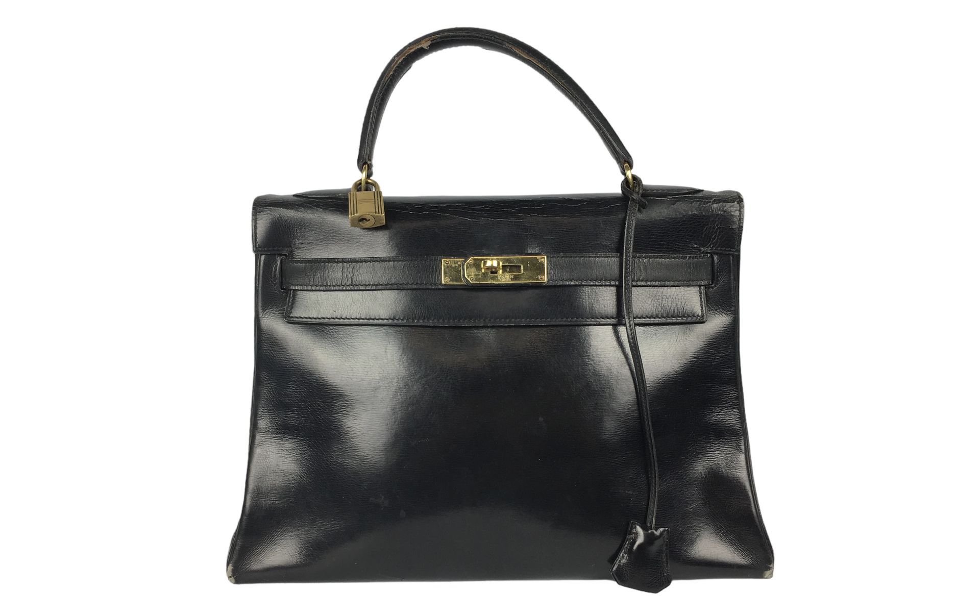 Null HERMES Sac Kelly 32 cm en box noir avec cadenas et clés. (usures, griffures&hellip;