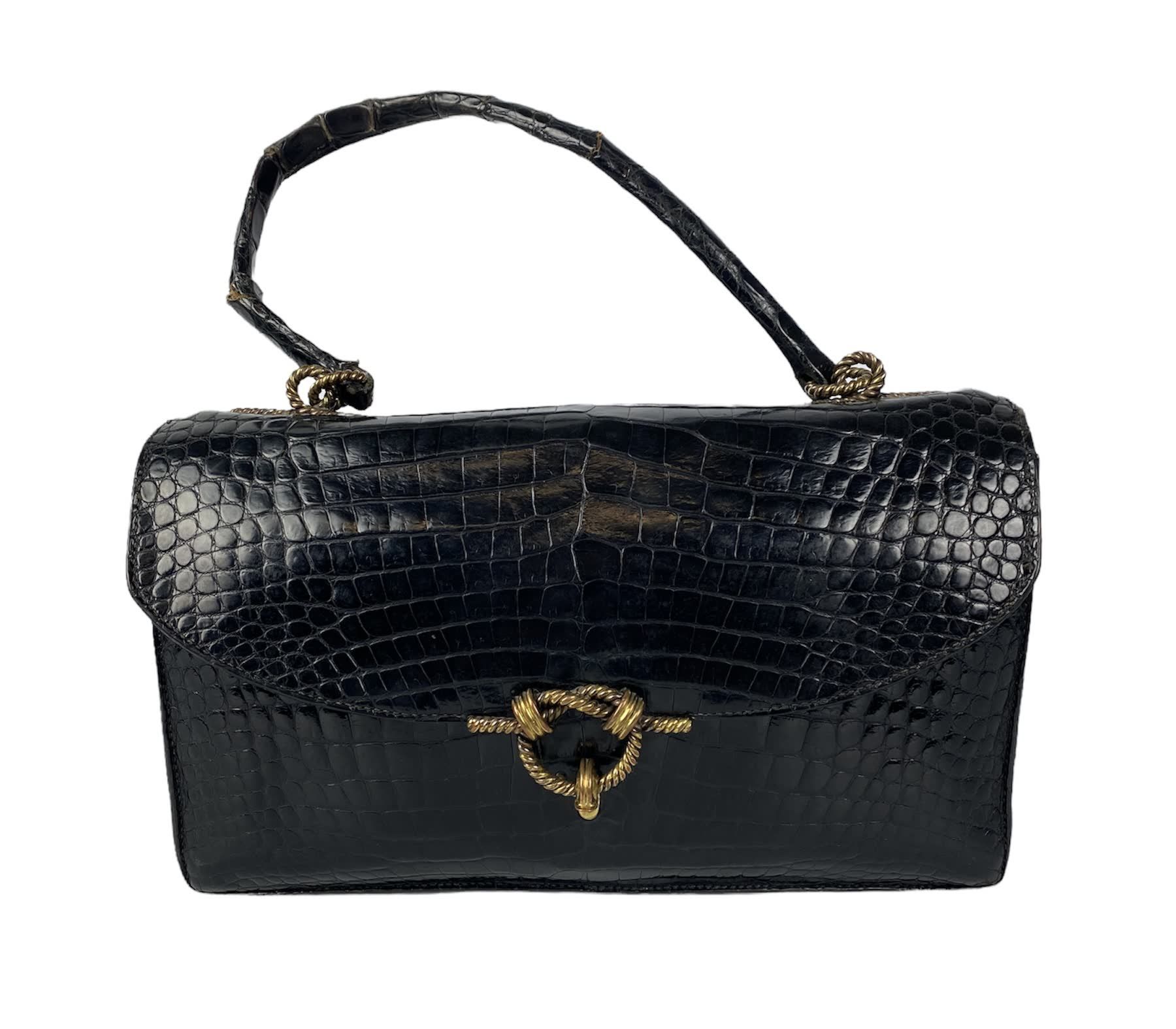 Null HERMES Handtasche Modell Cordelière aus schwarzem Krokoleder, Metallbeschlä&hellip;