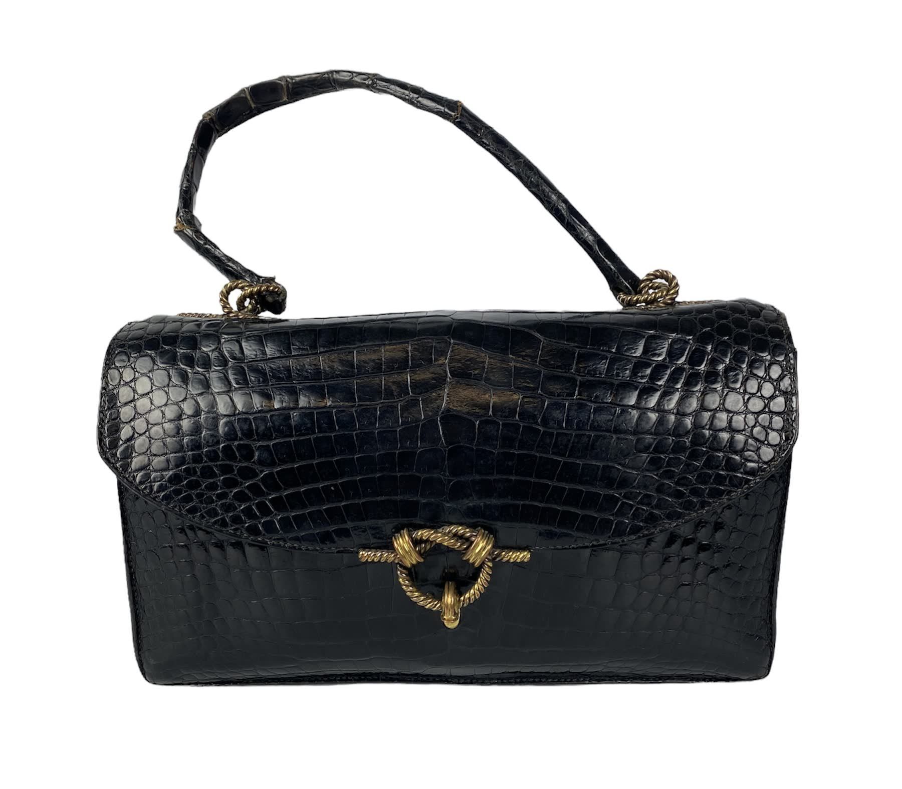 Null HERMES Sac à main modèle Cordelière en croco noir, garniture en métal et fe&hellip;