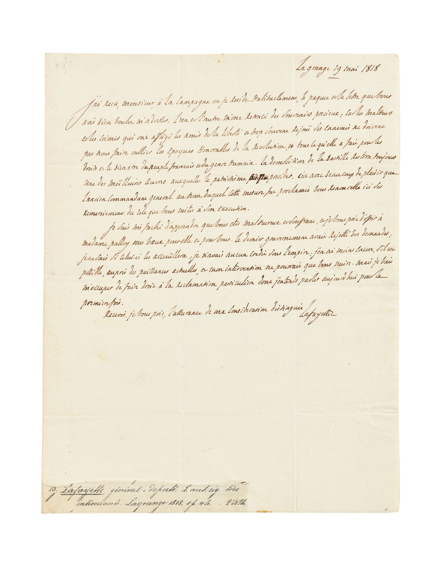 Null LA FAYETTE (Gilbert Du Motier de).签署给皮埃尔-弗朗索瓦-帕洛伊的亲笔信。拉格朗日-布雷诺城堡[塞纳-马恩省库帕莱附&hellip;