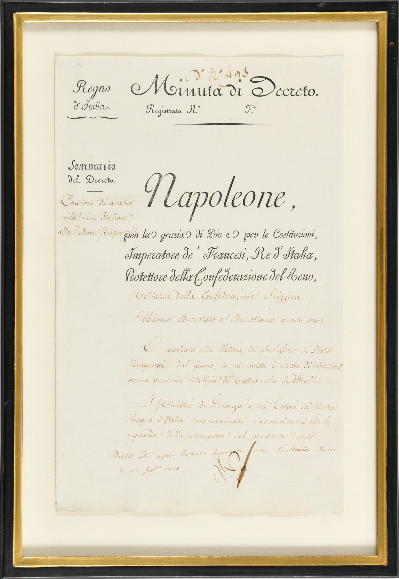 Null NAPOLEON I.署名 "Np"，以意大利文书写。巴黎杜伊勒里宫，1810年2月12日。1页，对开，印有抬头；玻璃下有框架。



"拿破仑，为了&hellip;