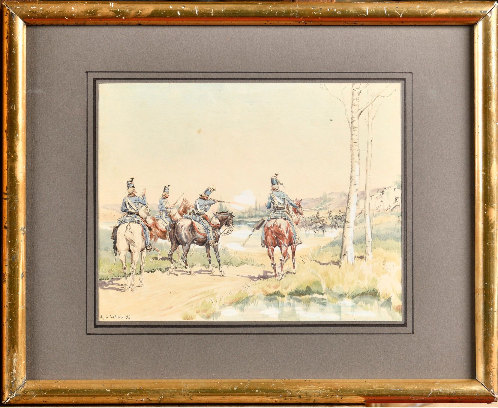 Null 阿方索-拉罗兹 (1872 - 1941)

"第二团（尚博朗）的轻骑兵在战斗中。

革命时期"。

钢笔线条上的水彩画

左下方有签名和日期1894&hellip;