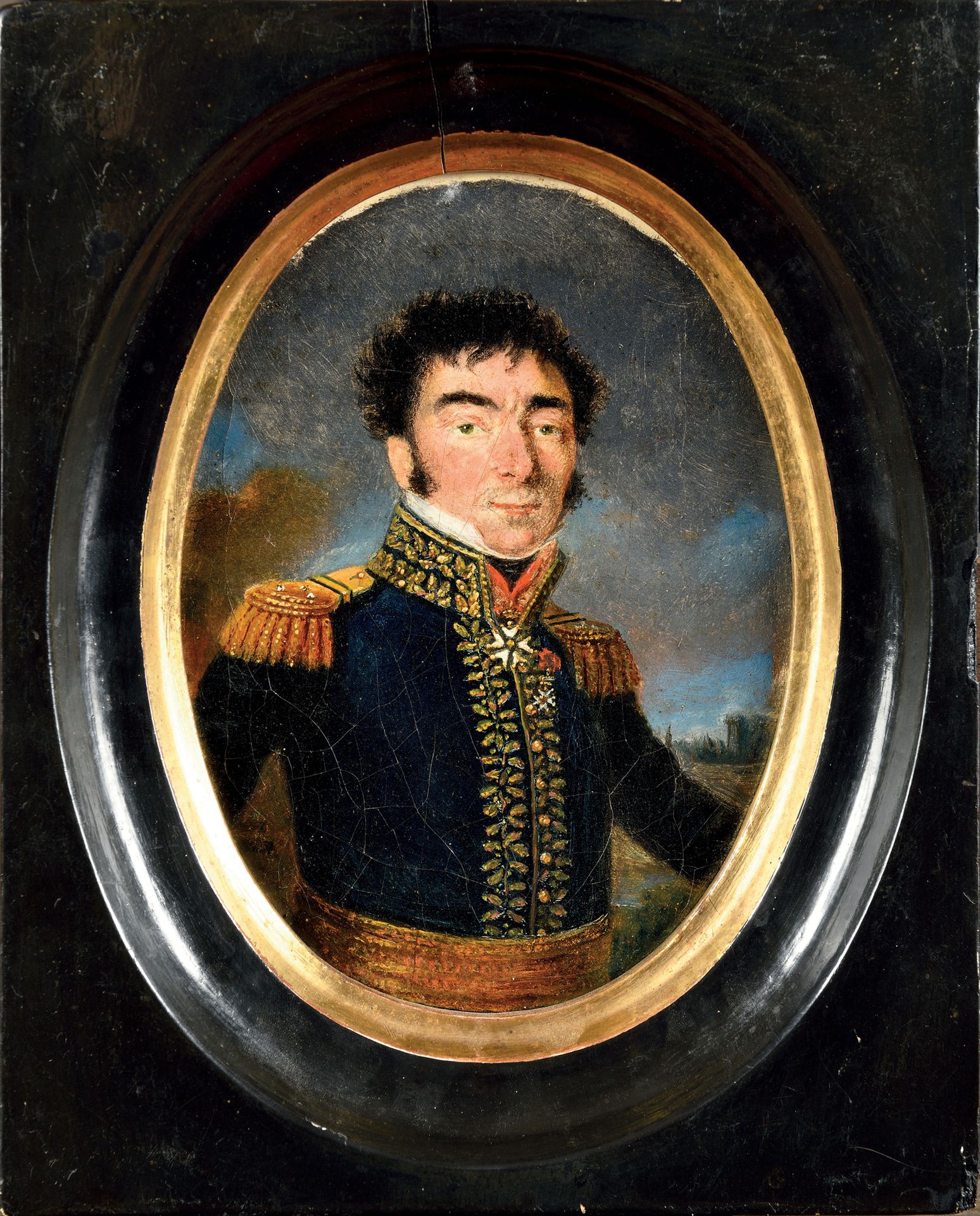 Null 19世纪初的法国学校。

"一位少将的画像，戴着荣誉军团和圣路易勋章。

油画上的椭圆形视图。黑色漆面和镀金框架。

20 x 14厘米。

A.B.&hellip;