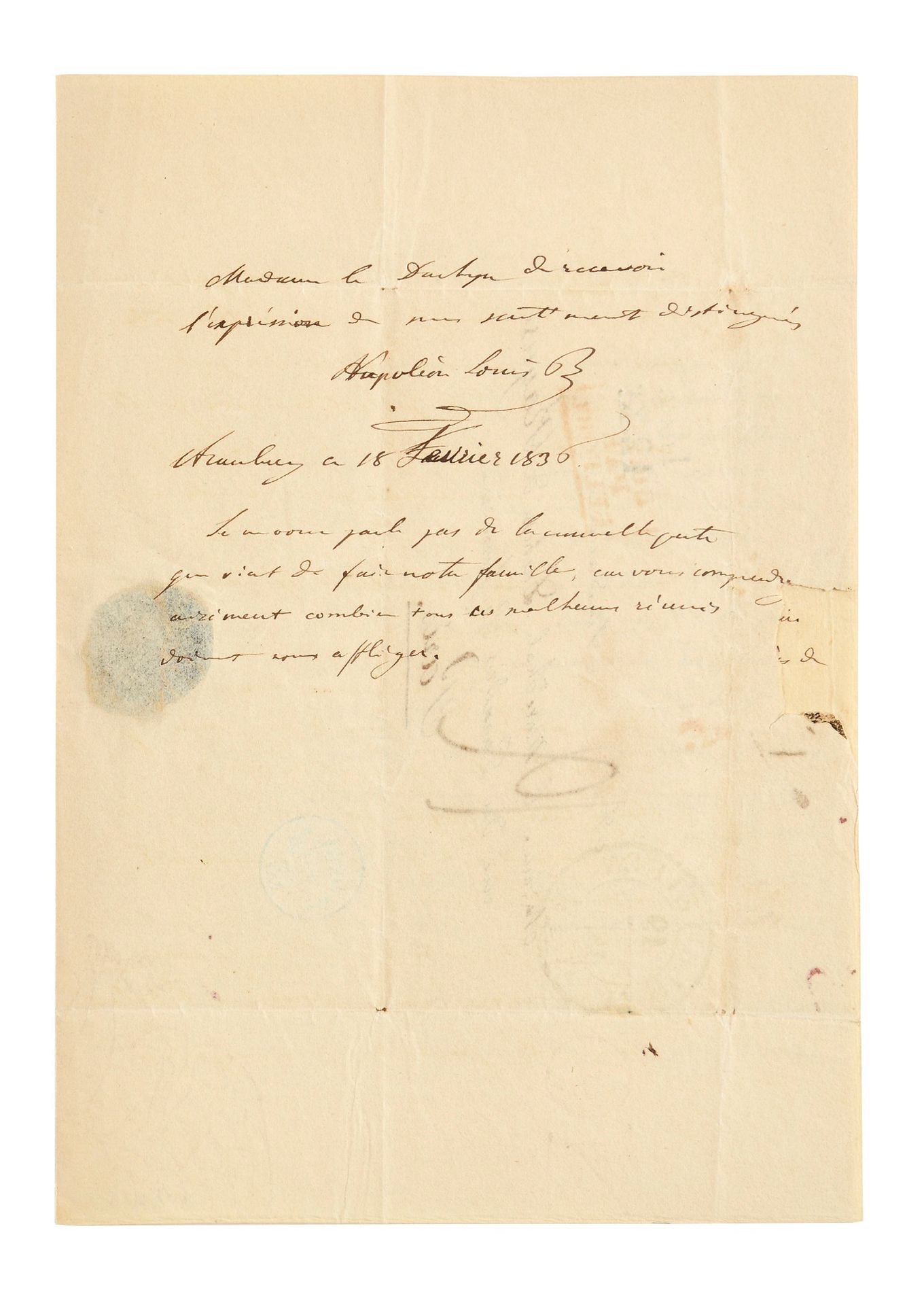 Null 纳波利昂三世（路易-纳波利昂-波拿巴，未来）。签名为 "拿破仑-路易斯-B "的亲笔信，致拉古萨公爵的妻子霍坦斯-佩雷戈，奥古斯特-弗雷德里克-路易-&hellip;