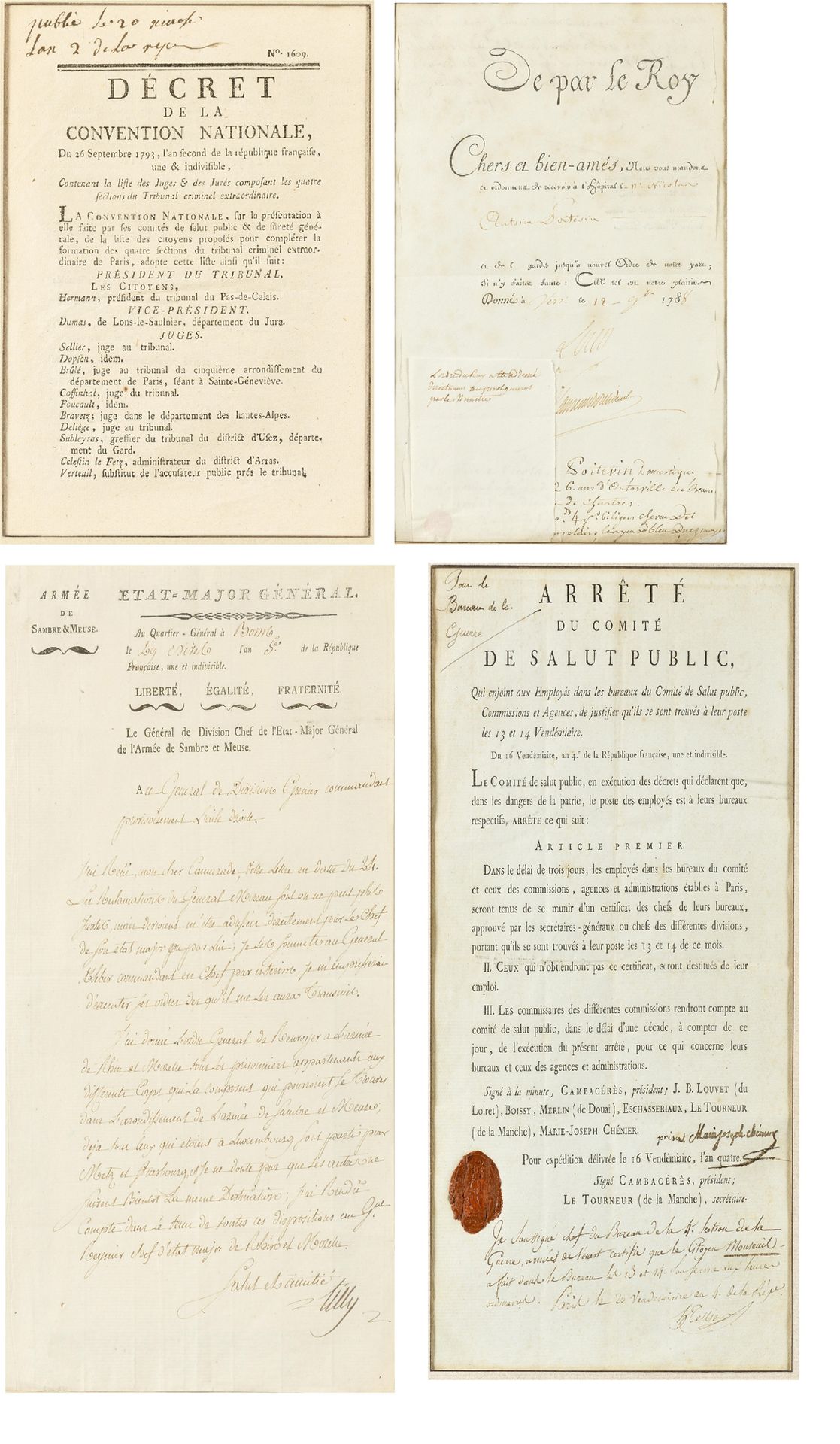 Null 一套四个框架。

-通过国王。命令在医院接收Antoine POITEVIN医生。

1788年9月12日在凡尔赛宫举行。

33 x 22 cm。带&hellip;