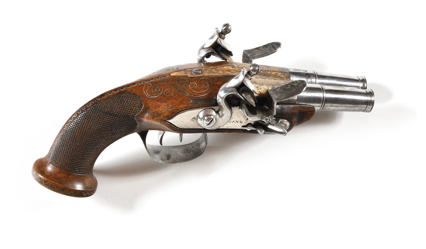 Null DOUBLE FLINTLOCK TRAVEL PISTOL.

Round barrels with forced bullet, with sid&hellip;