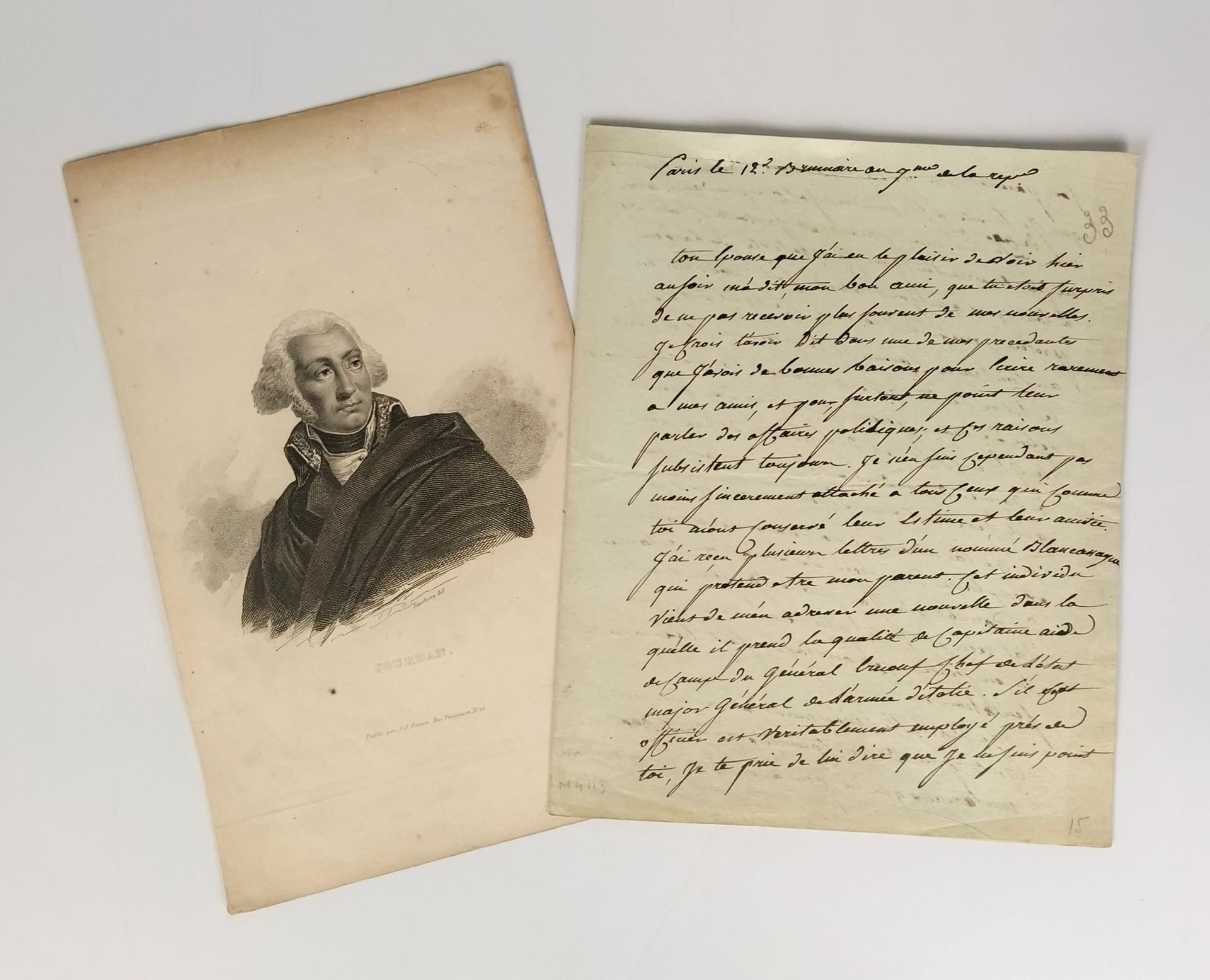 Null JOURDAN（让-巴蒂斯特）。签署的亲笔信[致让-欧努夫将军]。巴黎，第七年12月[原文为第八年，即[1799年11月3日]。3页，共4页。



&hellip;