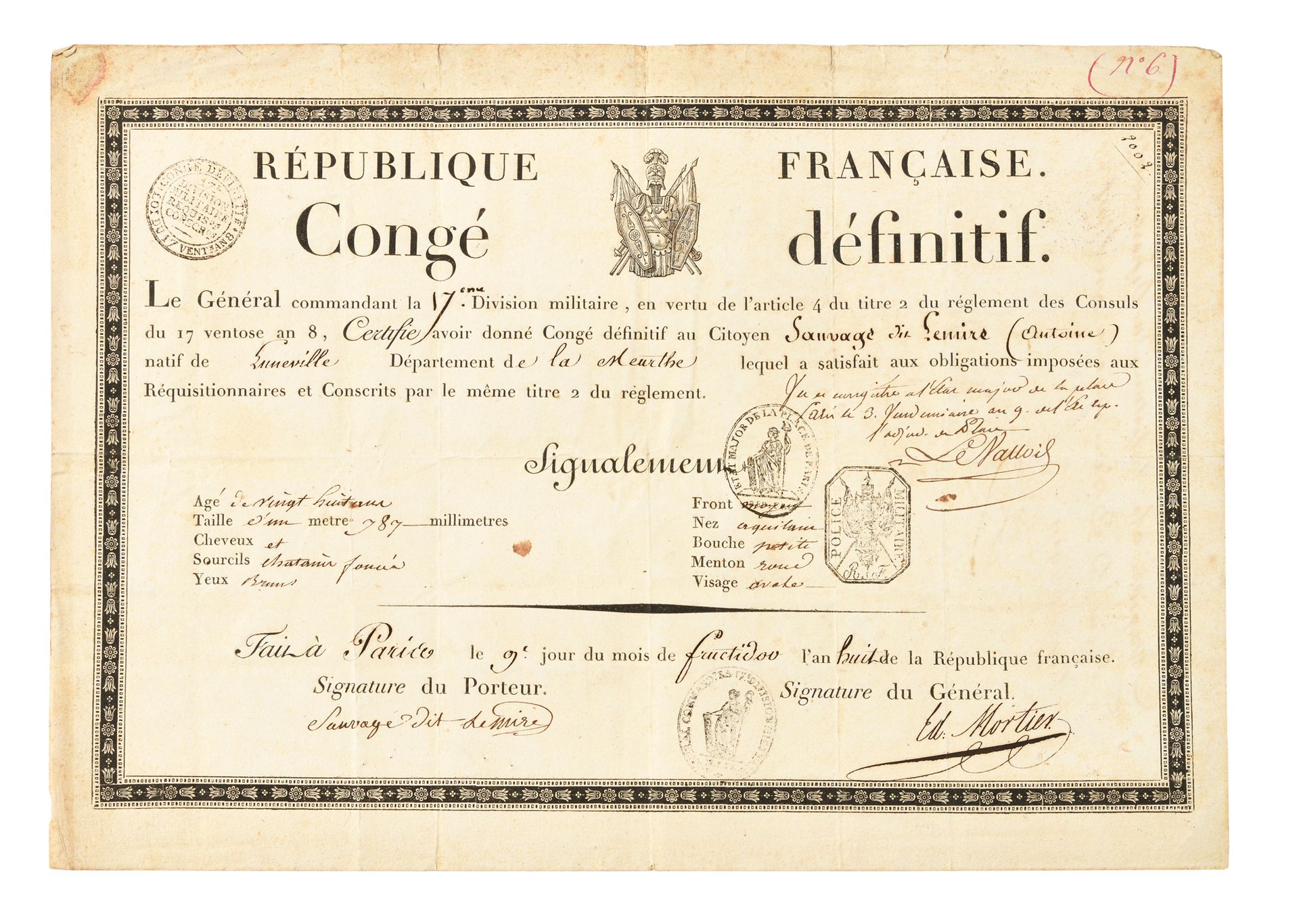 Null CONGE DEFINITIF AU NOM DU CITOYEN ANTOINE SAUVAGE DIT LEMIRE (1773-1827).

&hellip;