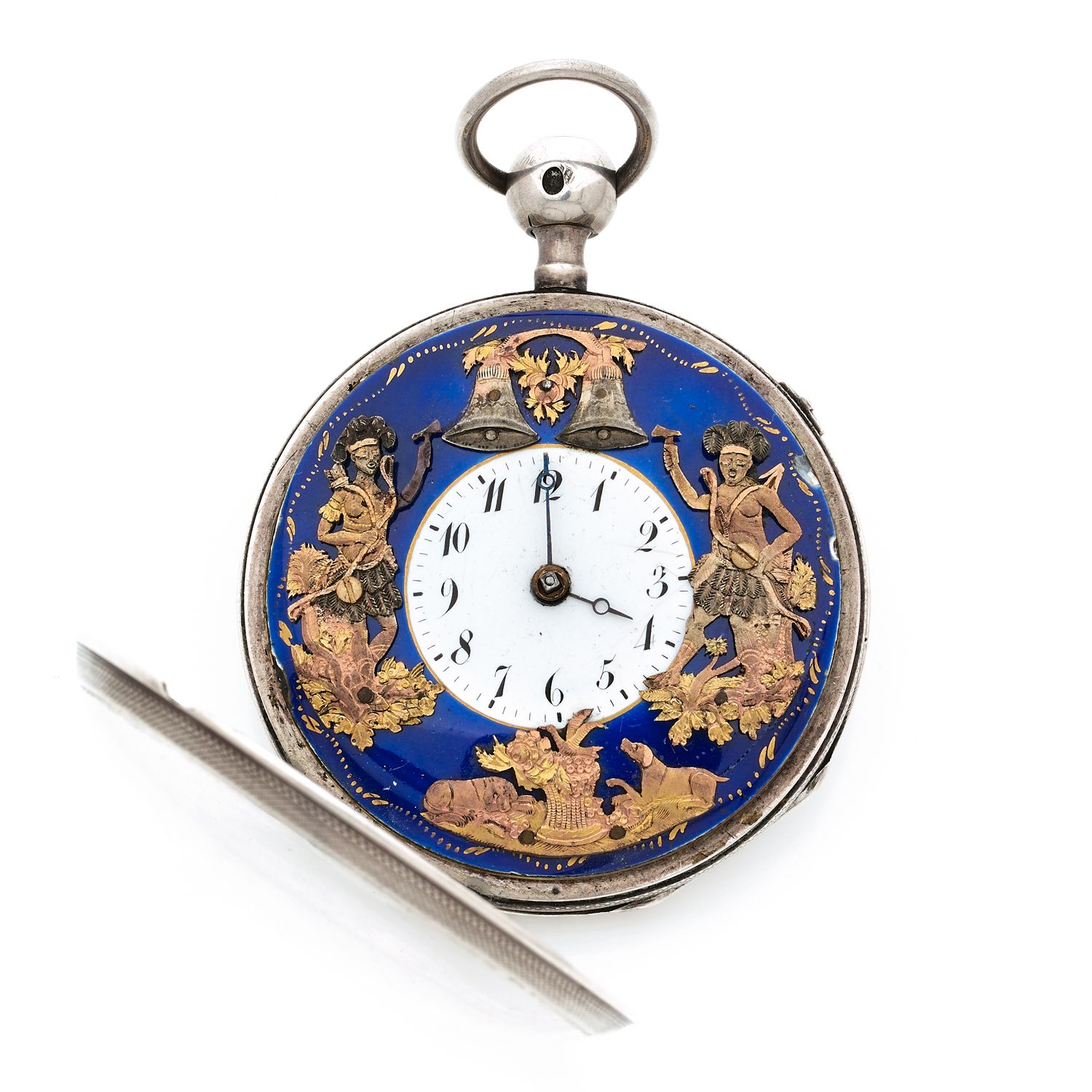 Null AUTOMATES
About : 1800. 
Pocket watch with automatons, in silver. Blue dial&hellip;