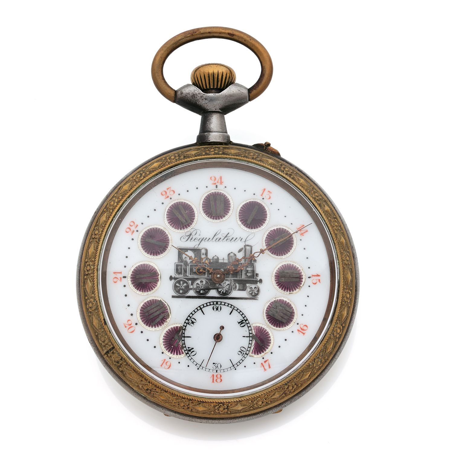 Null REGULATOR
Circa: 1900.
24 hours regulator gousset watch in steel. Engraved &hellip;