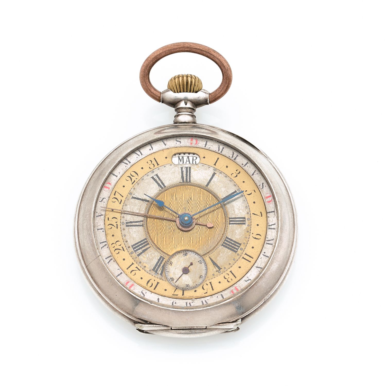 Null ANNUAL CALENDAR
Circa: 1900.
Silver pocket watch. Painted metal dial, Roman&hellip;