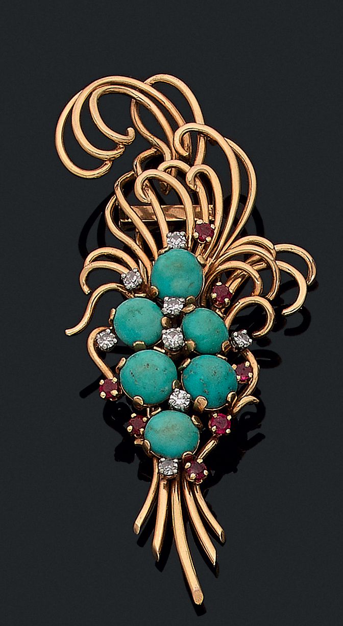 Null BROCHE 

with plant decoration punctuated with turquoise, rubies and brilli&hellip;