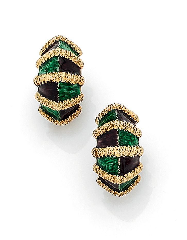 Null PAIR OF EARRINGS 

holding green and brown enamel. Textured 18K yellow gold&hellip;