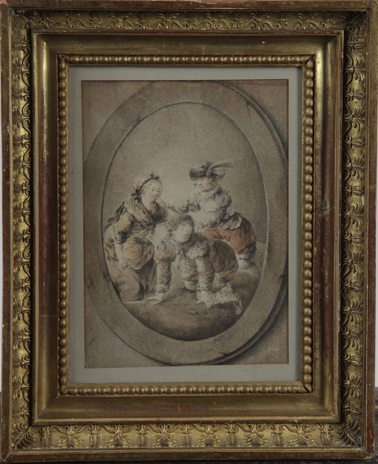 Null 归功于让-皮埃尔-诺布林-德拉古尔丹（1745-1830）。

三个人物在一个牛眼里。

水彩画。

(穿)。

H.18 x W. 13 cm