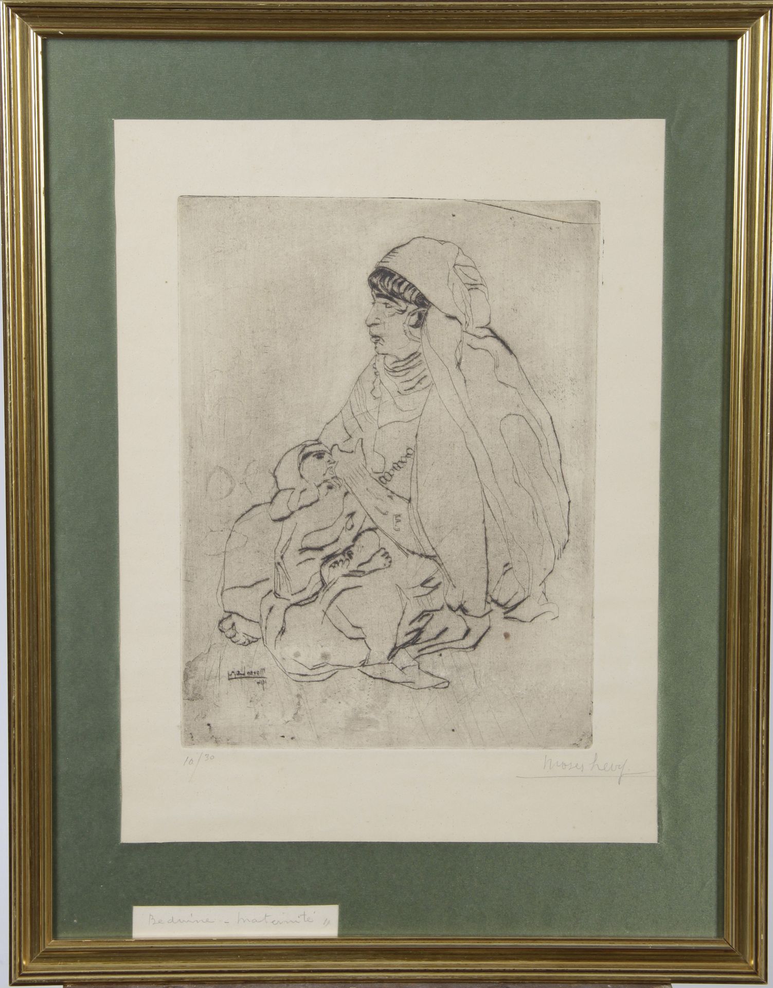 Null 摩西-利维 (1885-1968)

"贝都因人的母性"。

蚀刻版画上有签名，并有铅笔签名和编号10/30。

外观尺寸：高38.5 x 宽28.5&hellip;