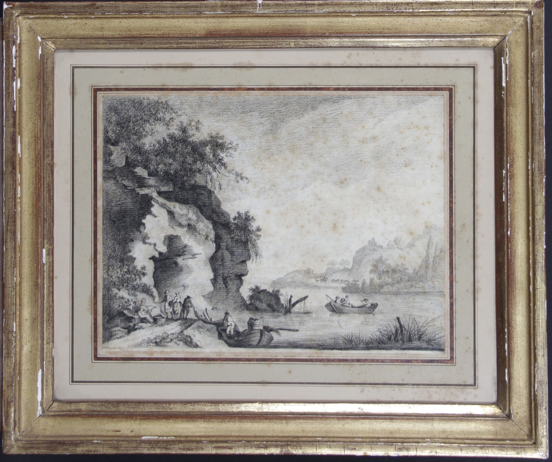 Null 18世纪的流行时尚

"动态的河流景观

炭笔画。

高：21 x 宽：28 厘米

(潮湿的污渍和雀斑)