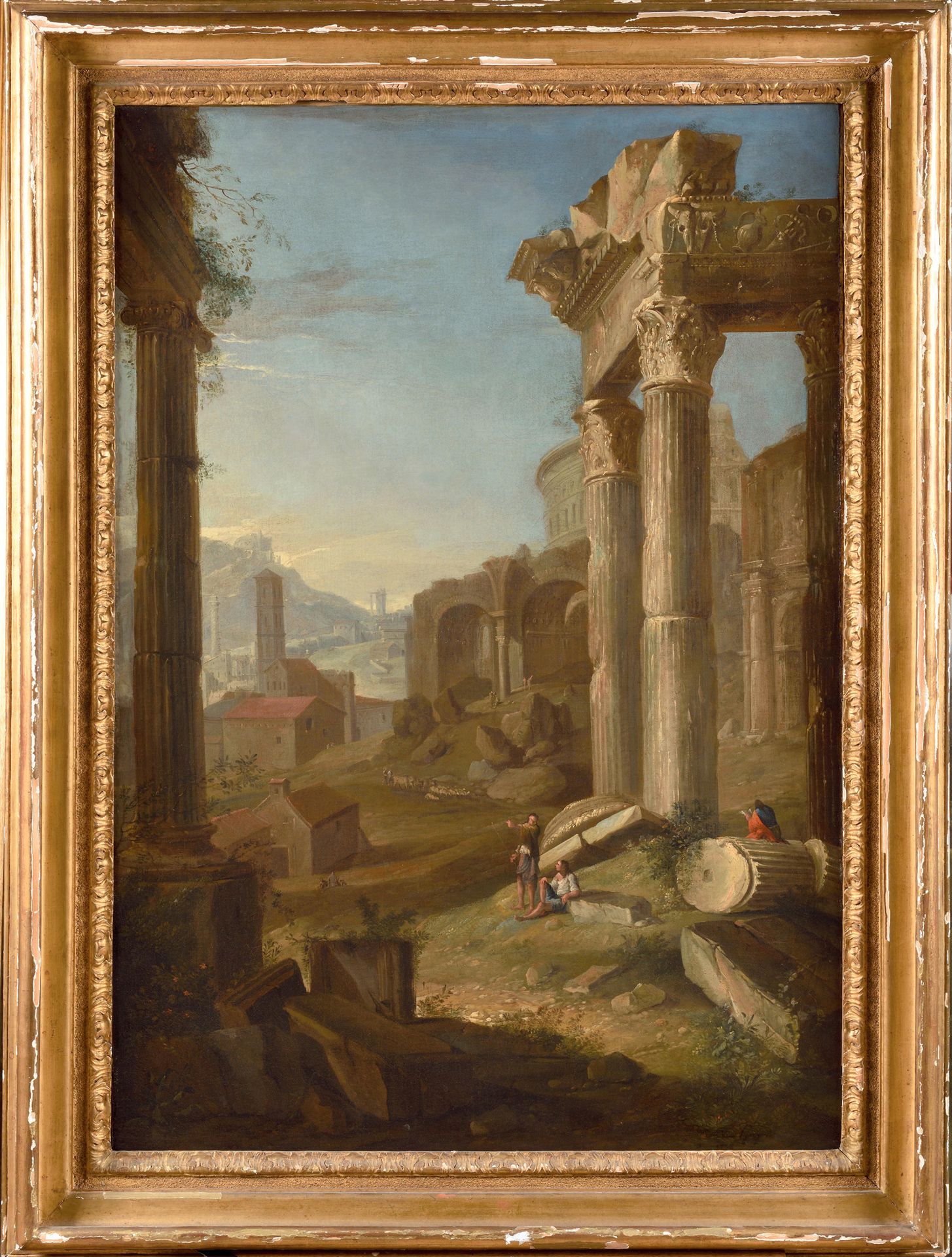 Null 罗马画派，约1680年《罗马废墟中的人物》；布面油画。右下方有签名："Hagen "和日期 "1730"（旧修复）高：108 x 宽74厘米。