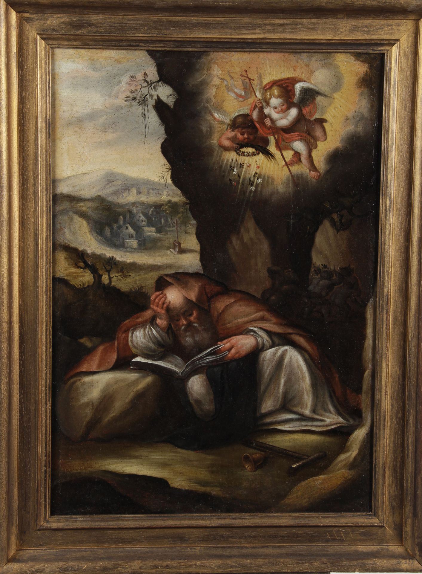 Null 意大利学校，17世纪初。

"圣安东尼的诱惑"。

布面油画，重新装裱，55.5 x 39.5厘米。

(修复)