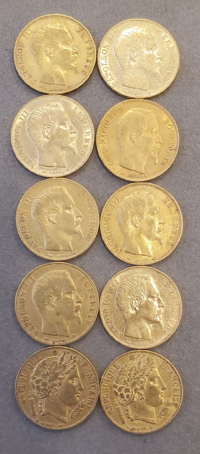 Null 10 Pièces d'or de 20 francs, années : 1850, 1852, 1853, 1854, 1855, 1856. P&hellip;