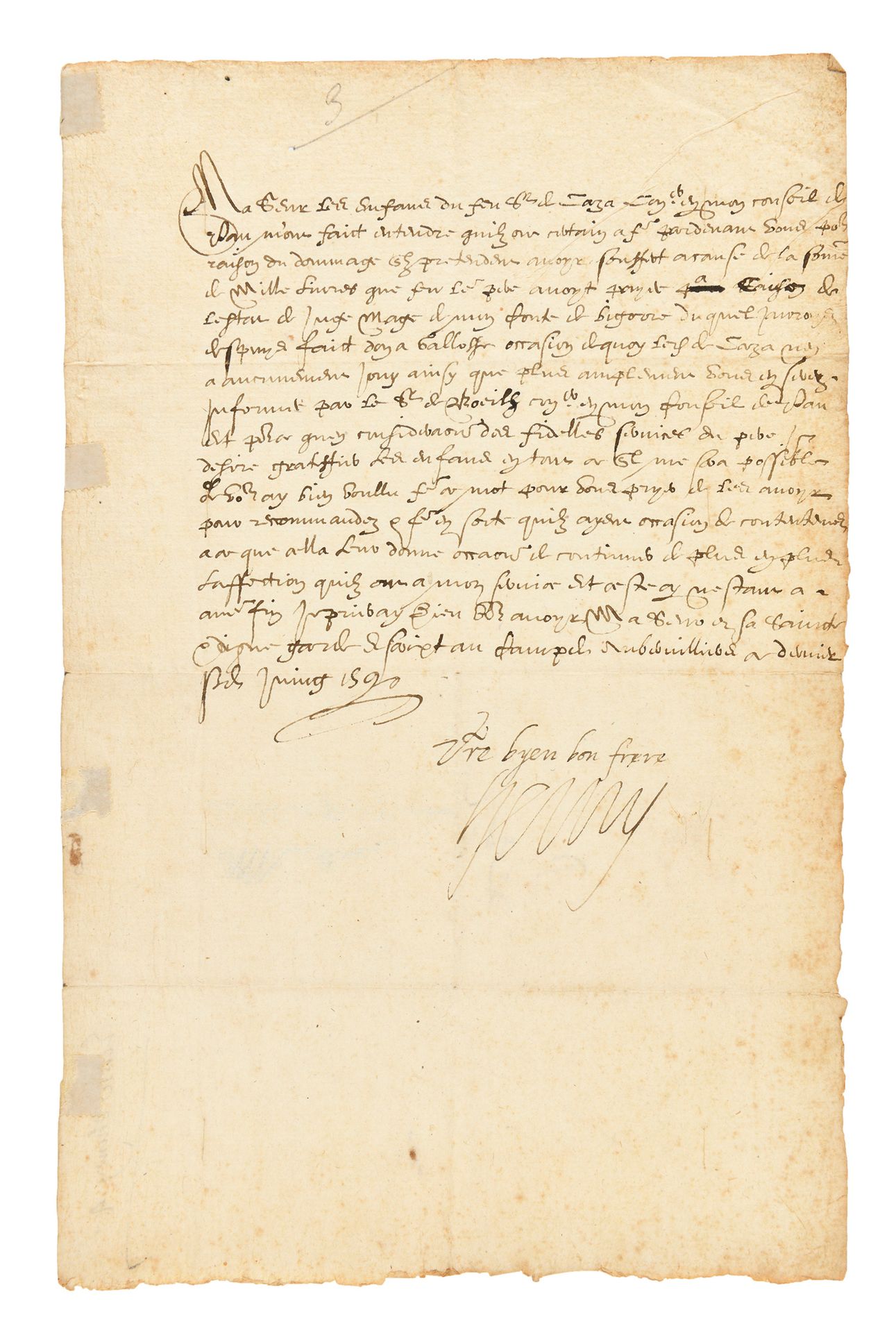 Null 亨瑞四世。署名为 "亨利 "的信件，致其妹妹波旁的凯瑟琳，当时是贝伦王国的摄政王。奥贝维利耶，1590年6月30日。2/3页对开，背面有地址（"纳瓦拉&hellip;