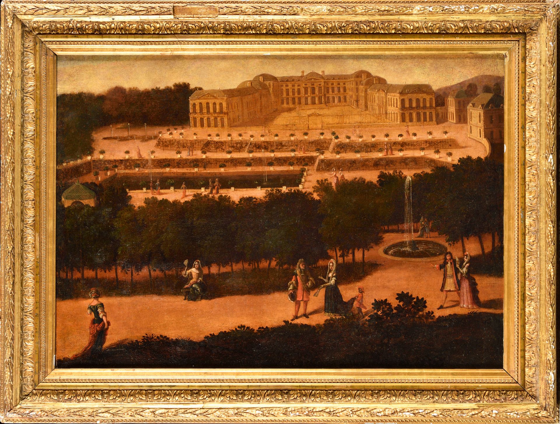 Null 18世纪的法国学校。

"圣云 "城堡的景观，约1750年

布面油画（衬里，修复）。

56 x 77厘米。

鎏金框架与棕榈花纹