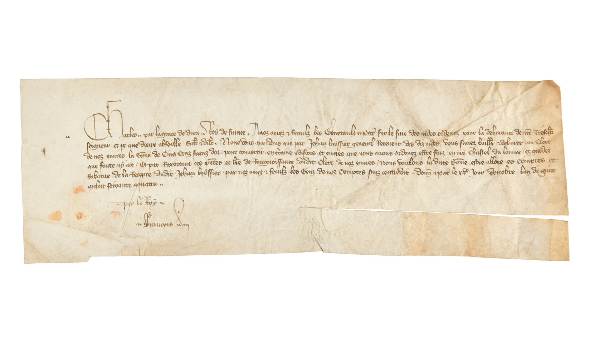 Null CHARLES V.

手稿由他的秘书贝尔托-弗朗索瓦签署。巴黎，1364年10月15日。1页，狭长的对开页（约35 x 12厘米），在羊皮纸上，印章&hellip;