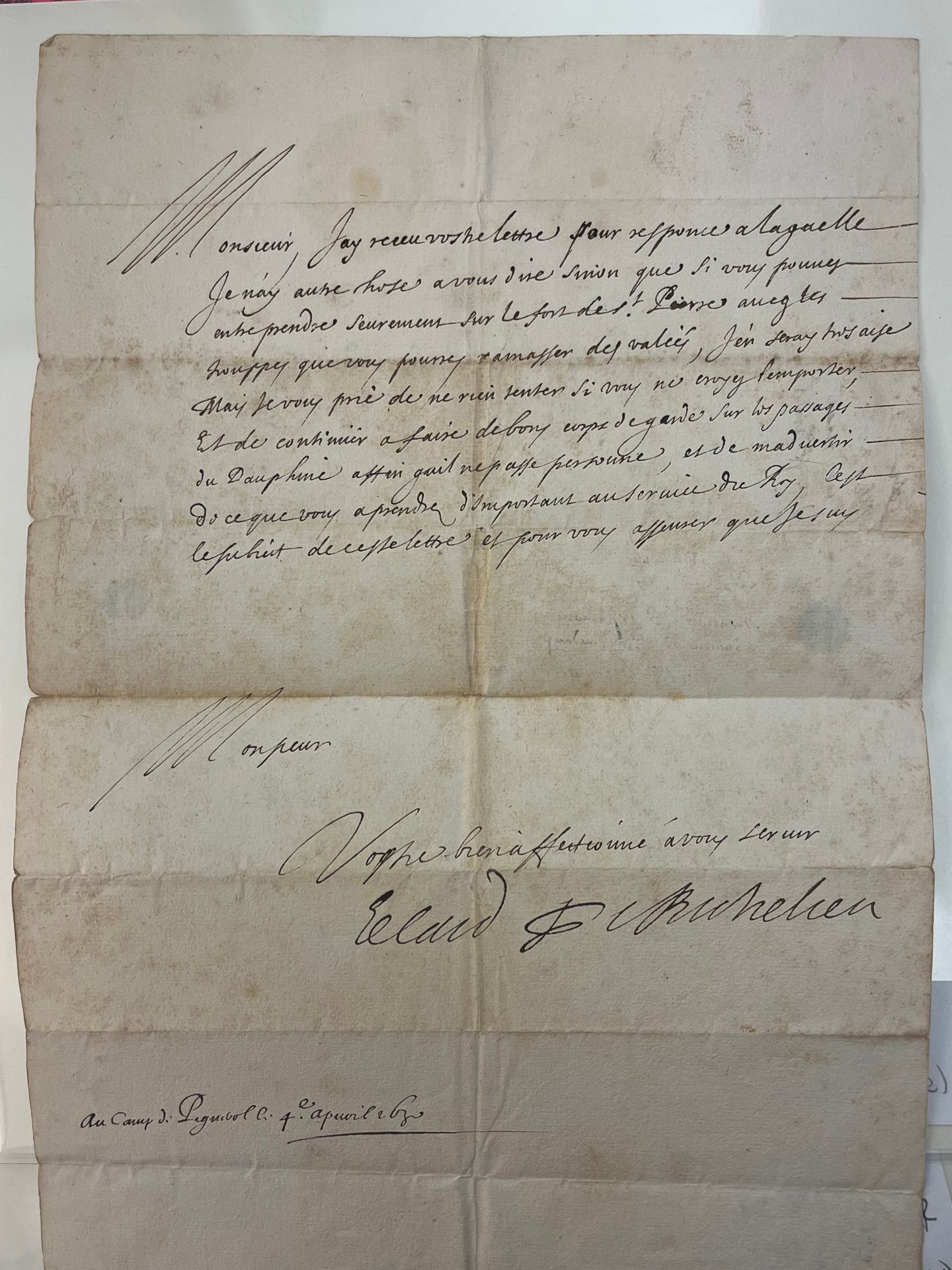 Null RICHELIEU (Armand-Jean Du Plessis de). Carta firmada "le card. De Richelieu&hellip;