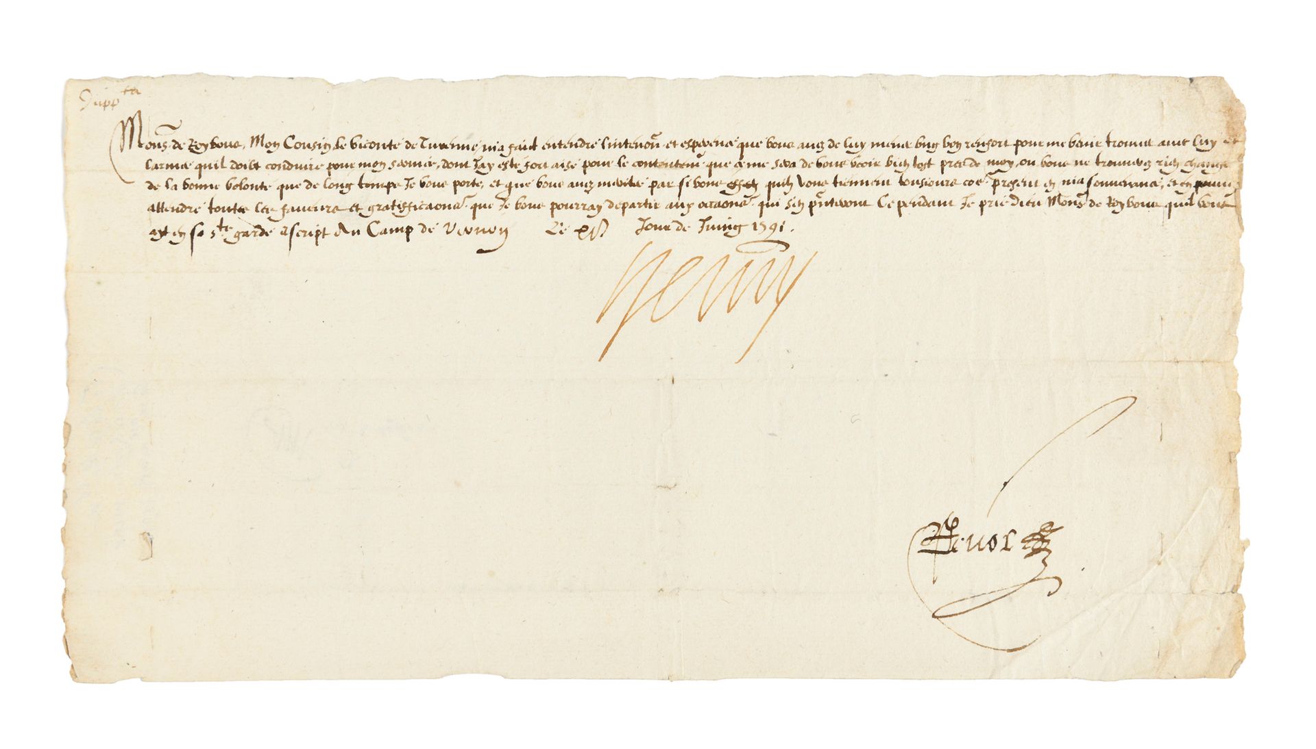 Null HENRI IV. Letter signed "Henry", countersigned by his secretary of state Lo&hellip;