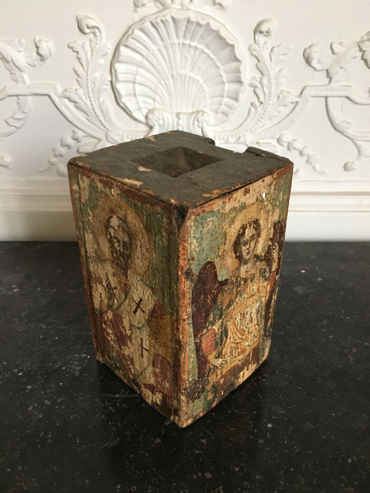 Null SMALL TRUNK in painted wood decorated with Saint Gregory and the archangels&hellip;
