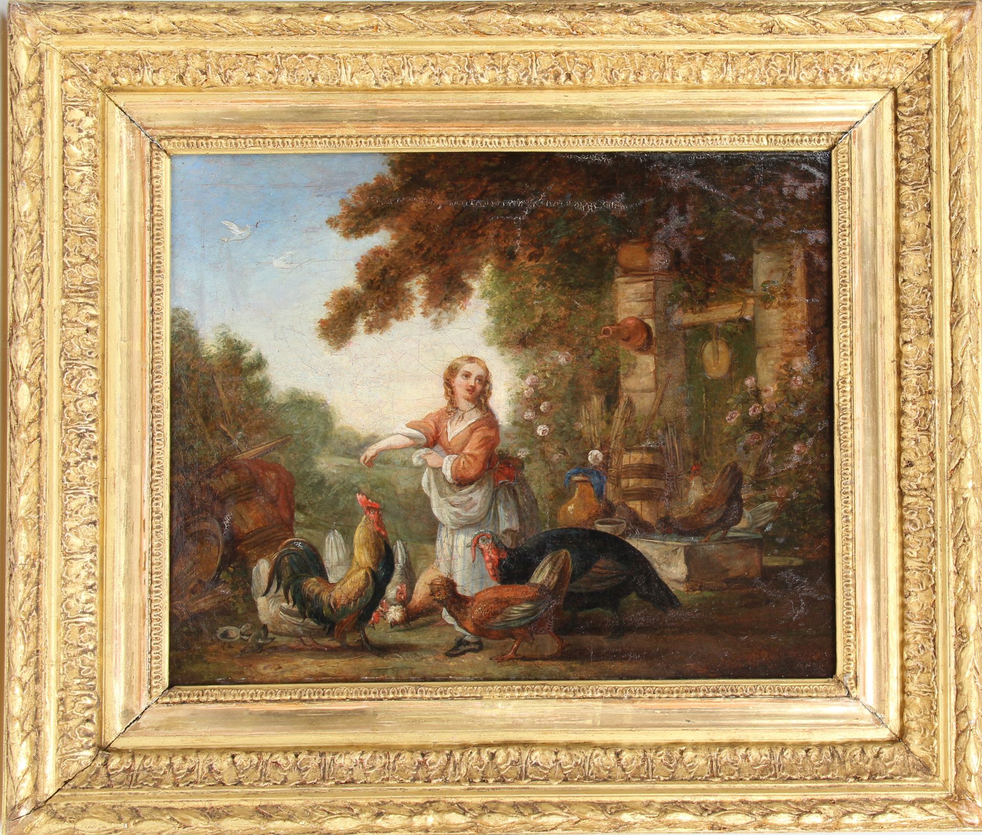 Null 19世纪末的法国病人

"年轻的农场女孩"。 

布面油画。粉刷和镀金的木框。

带画框尺寸：49.5 x 57.5厘米

画布的尺寸：33 x 41&hellip;