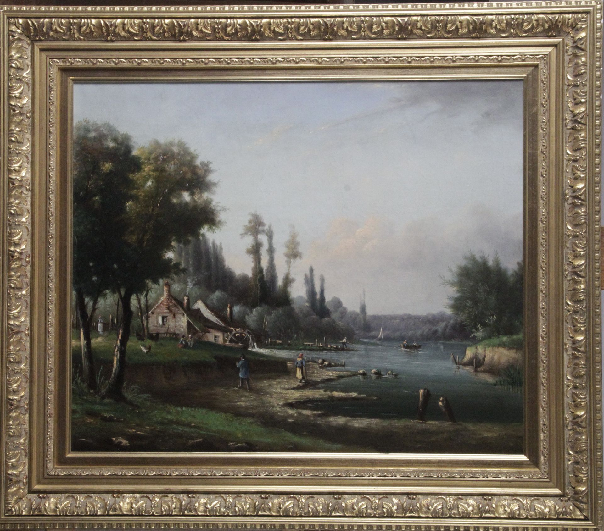 Null 19世纪的法国学校。

"河边的农场和磨坊

布面油画。

46 x 55厘米