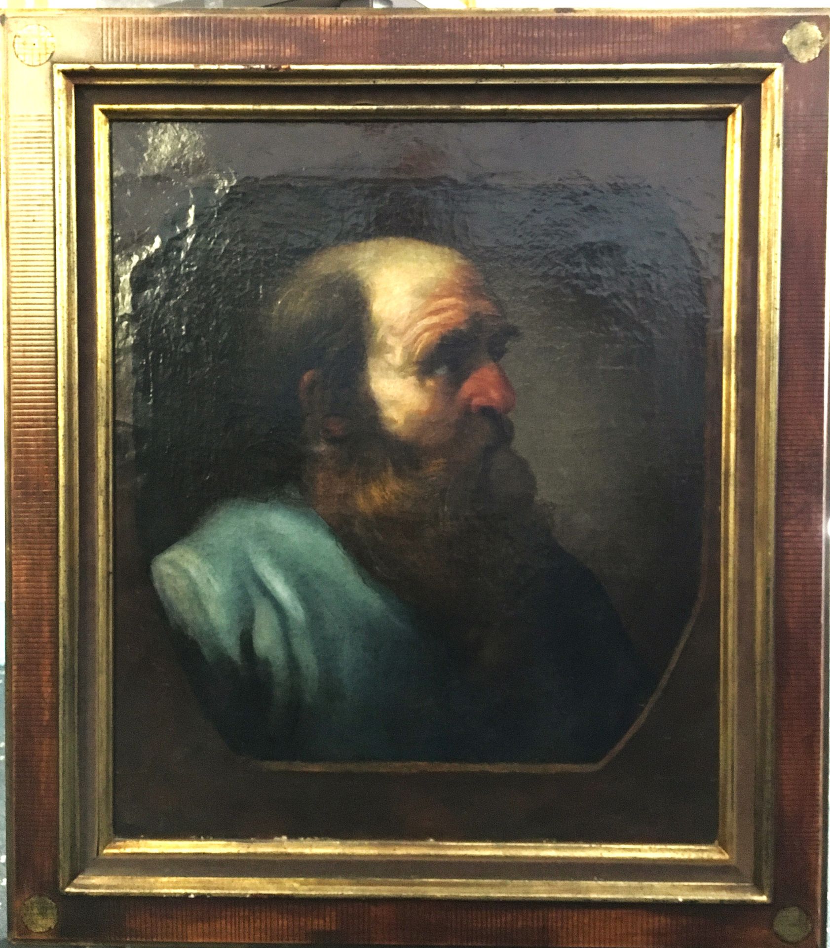 Null 18世纪法国的ECHOLE

"一个留有胡须的男人的侧面肖像，向右看去

布面油画，椭圆形和长方形 



高：54.5 x 宽：47 厘米

(褪色&hellip;