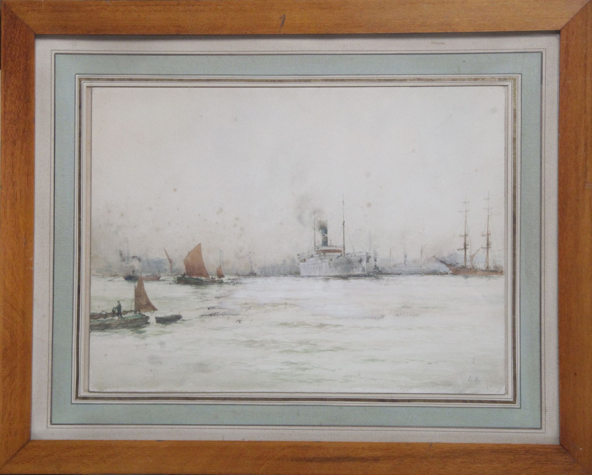 Null xx世纪的法国学校。

"一个港口的景色 

水彩画，有E.D.的字样。

26.5 x 36.5 厘米

(潮湿的污渍)