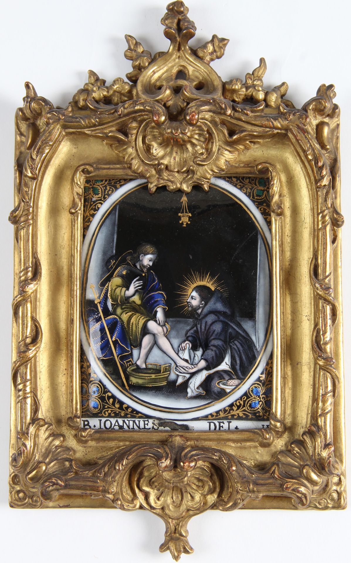 Null Polychrom bemalte Emailleplatte mit Goldraffungen, die den Heiligen Johanne&hellip;