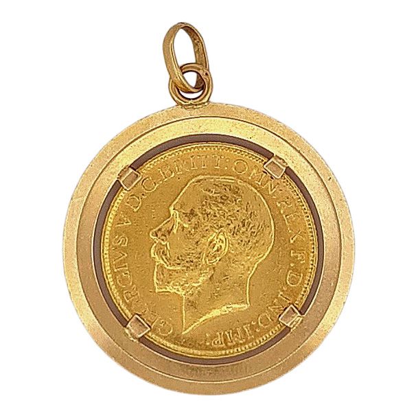 Null 挂件 
手持1916年乔治五世硬币。18K黄金镶嵌。法国的工作。 
直径：3厘米。 
毛重：11.57克。 

一个黄金硬币吊坠。