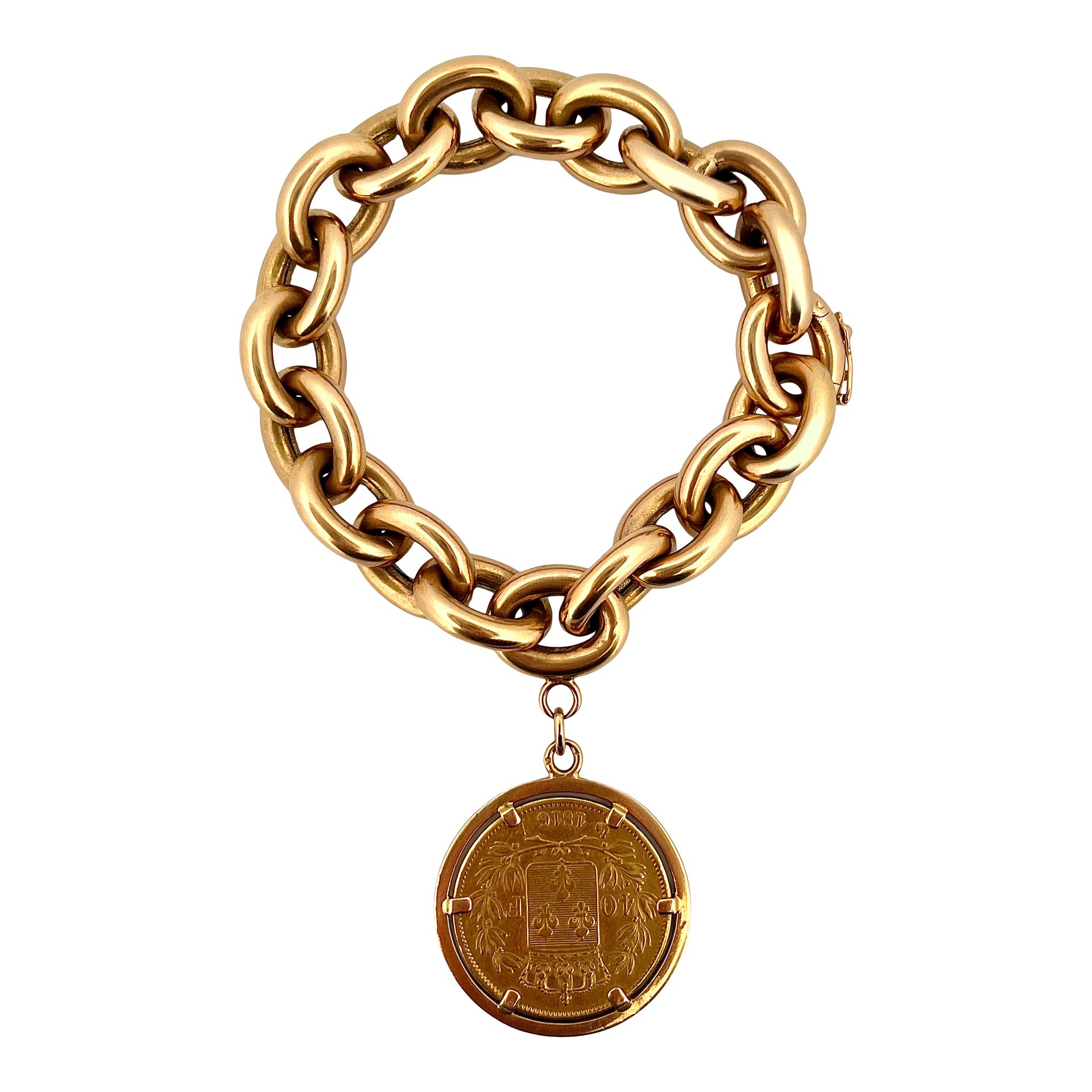 Null 手镯 
手持椭圆形纽扣，手持1816年法国国王路易十八的40法郎硬币。18K黄金镶嵌。安全扣。法国的工作。 
长度：19厘米。 
毛重：50.98克。&hellip;