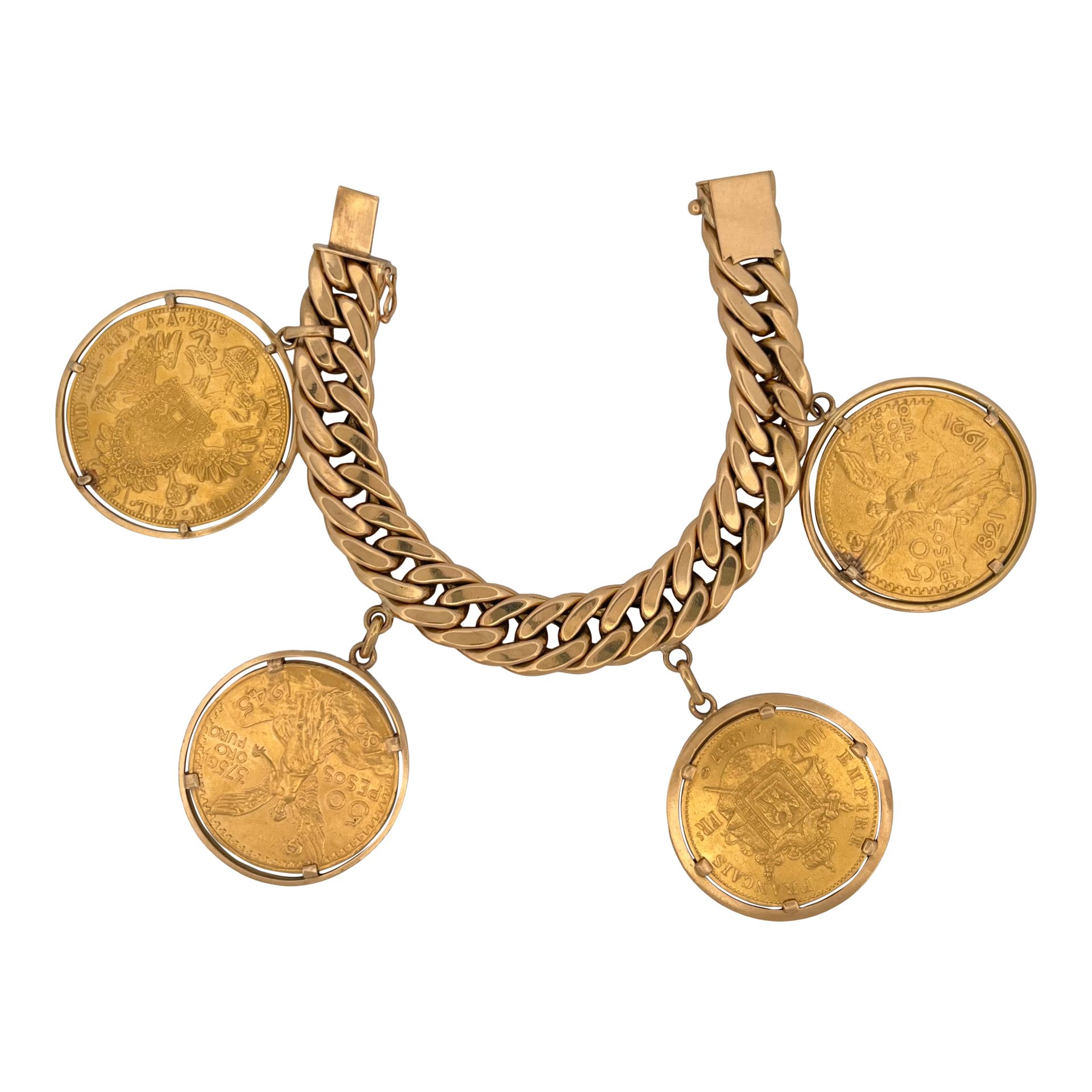 Null BRACELET 
holding a curb chain punctuated with four coins:
- 50 Mexican pes&hellip;