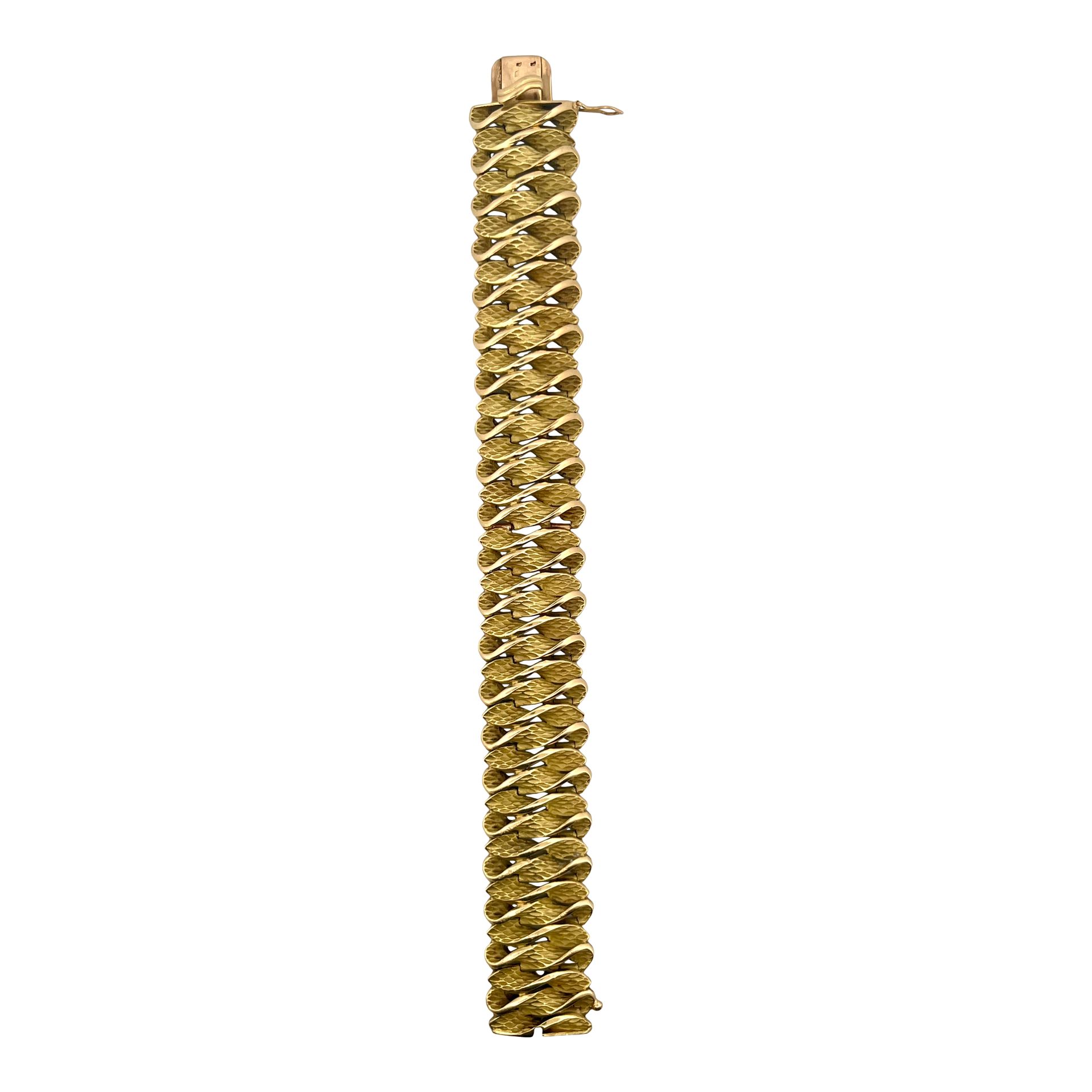 Null 手镯
拿着一个有质感和扭曲的黄金链接。镶嵌在18K黄金中。安全扣。法国的工作。 
长度：18.5厘米。 
宽度：2.20厘米。 
毛重：69.38克。&hellip;