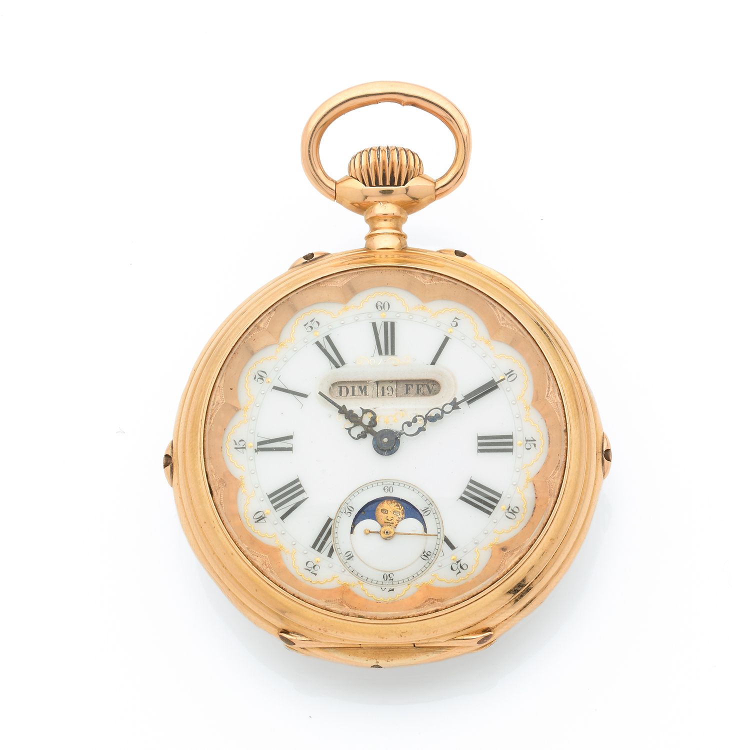 Null OROLOGIO DA TASCA 
Tripla data e fase lunare
Circa: 1900. 
Elegante orologi&hellip;