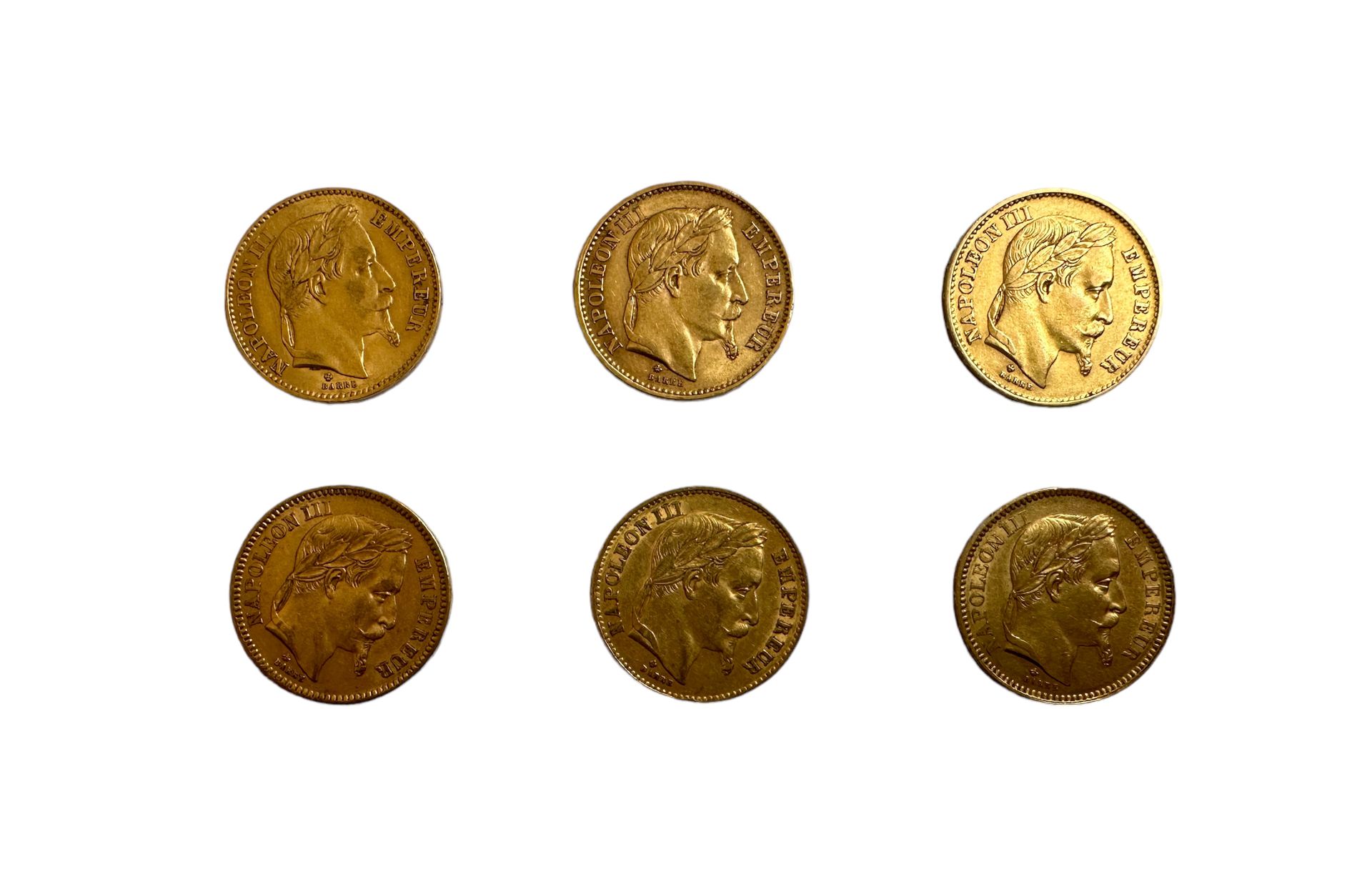 Null FRANCIA
6 monete da 20 franchi d'oro testa di Napoleone III
Peso: 38 g