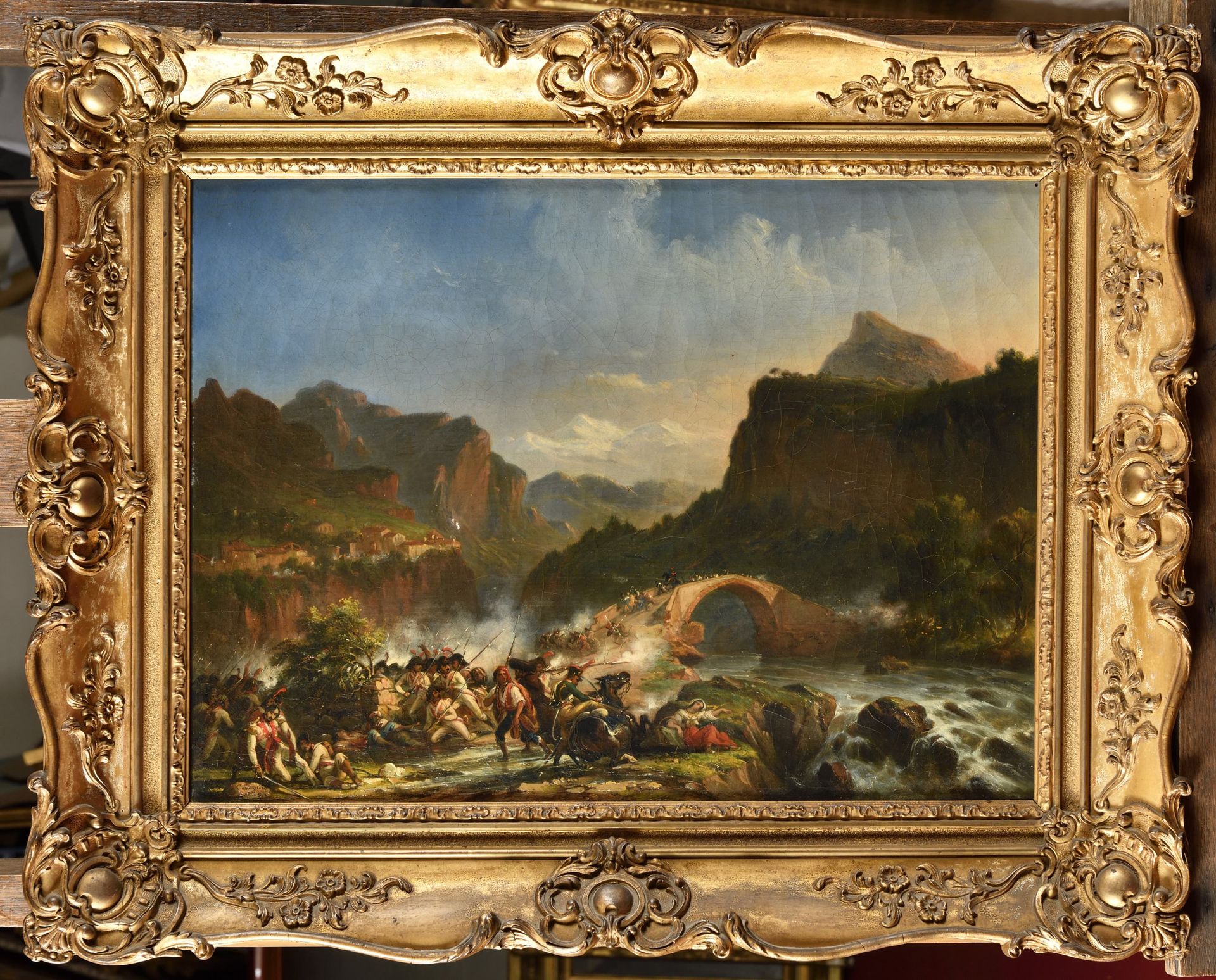 Null 被称为 "上校 "的让-查尔斯-朗格瓦（1789-1870）。
"西班牙军队被赶下桥。第一帝国时期"。 
布面油画，签名和日期为Langlois 18&hellip;