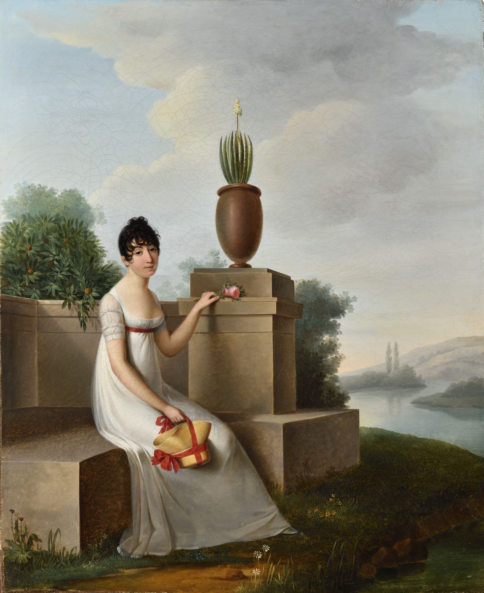 Null 19世纪初法国学校，雅克-亨利-萨博特的随行人员。 
"花园里拿着玫瑰的年轻女子，据推测是德西丽-克拉里的画像。 
73 x 60厘米。 
布面油画（&hellip;