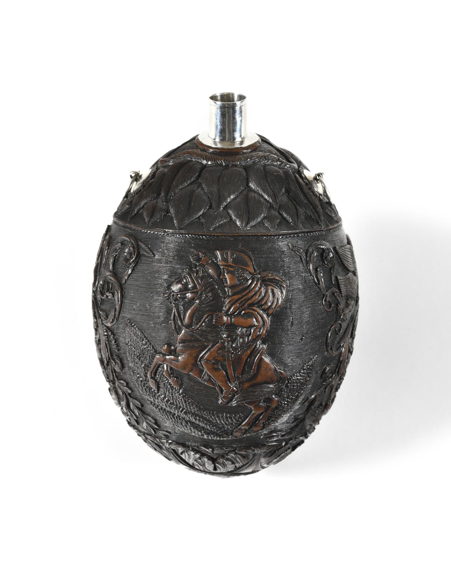 Null * CARVED COCONUT. 
Powder flask nicely and profusely carved with decoration&hellip;